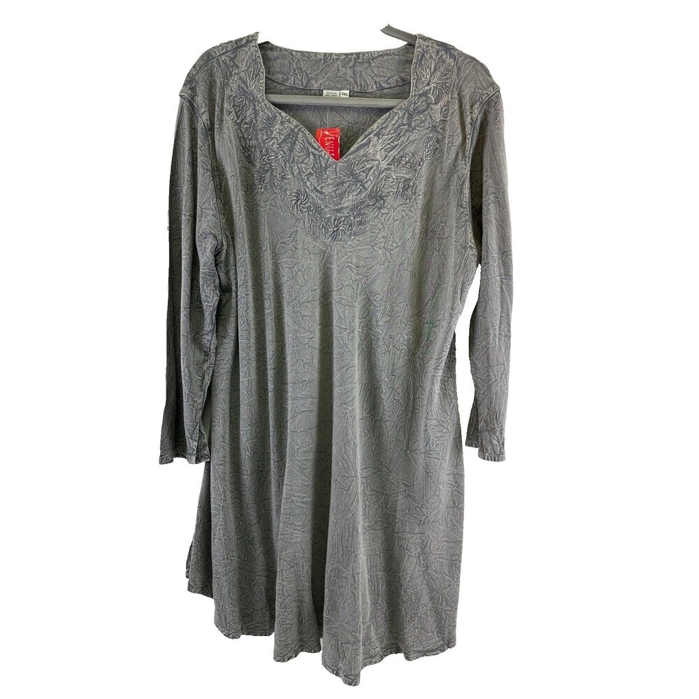 Venus Imports Gray Tunic Blouse Embroidered V-Neck Lightweight Tags‎ Womens 2XL